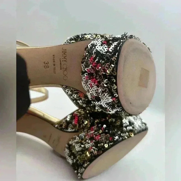 Jimmy Choo London Peachy Peep Toe Sparkle Heels Size 38 Silver Sequins Gold - Picture 13 of 16